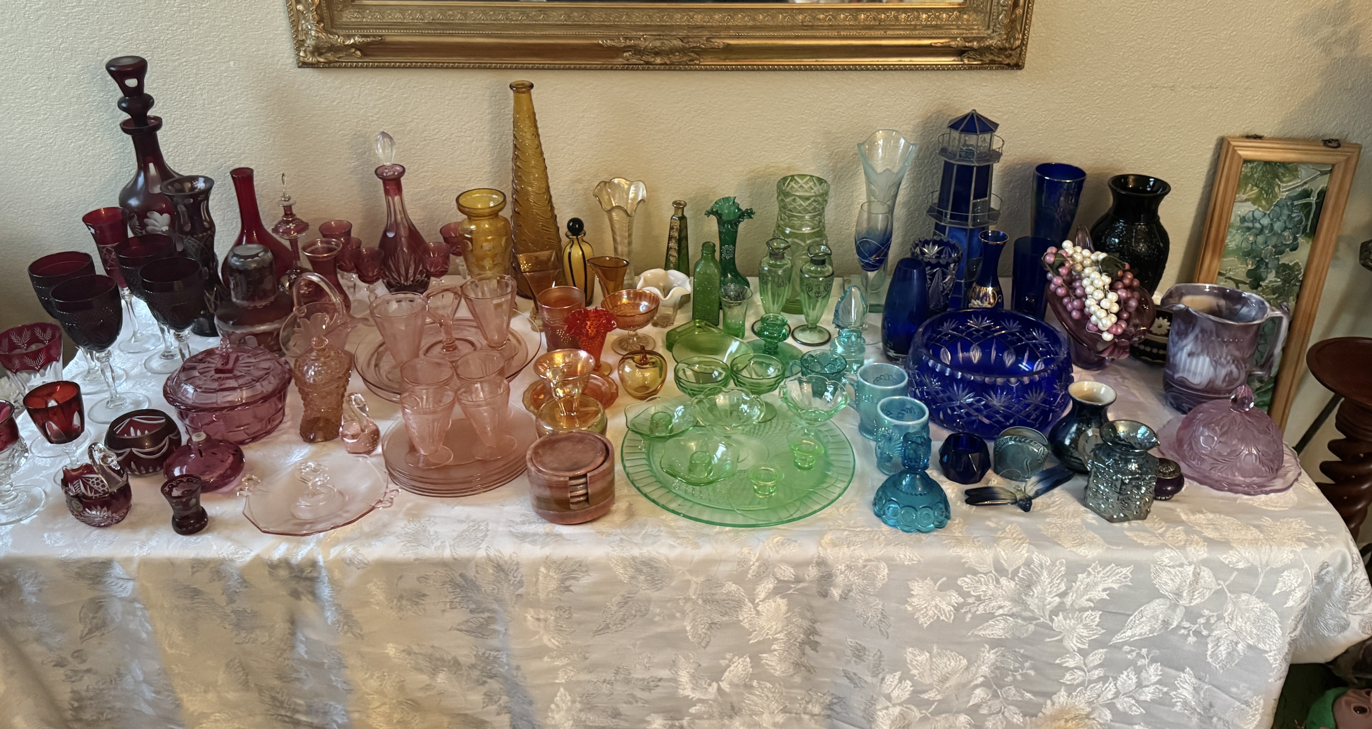 Elegant antique collection featuring colorful vintage glassware